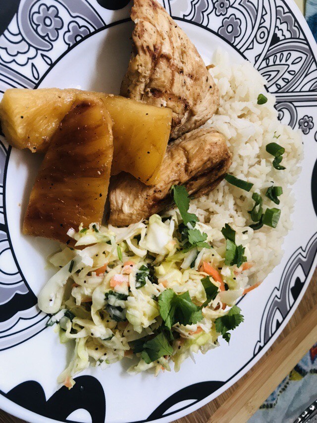 Grilled chicken and pineapple with jasmine rice and lime cilantro slaw