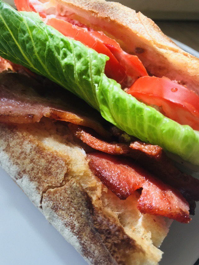 BLT with homemade bacon on a homemade ciabatta roll