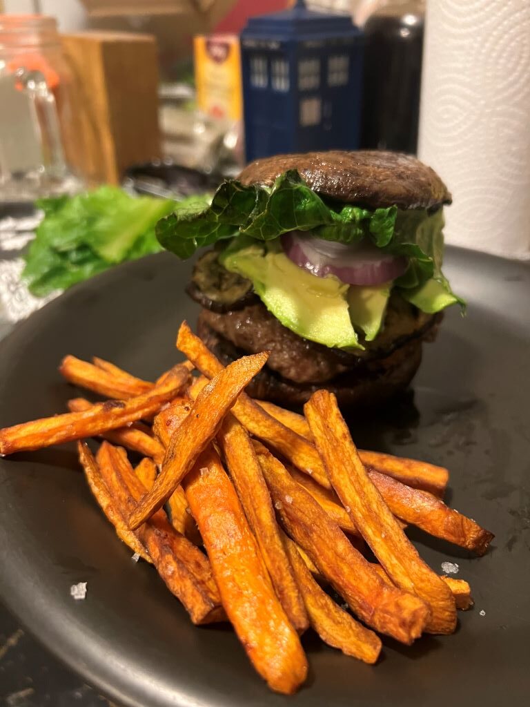 Gluten free burger with portabella bun 